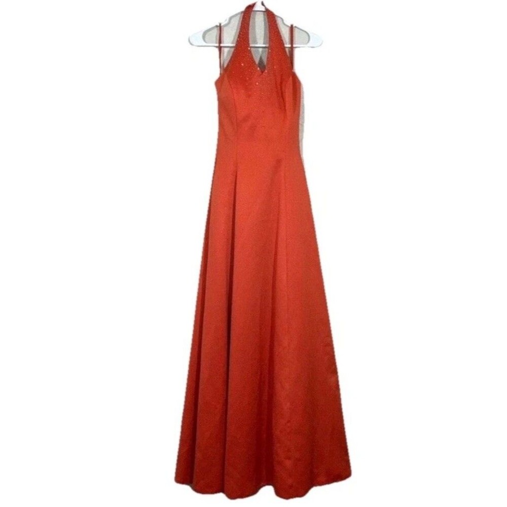 Vintage Orange Halter Evening Gown Women's Size 2 Embellished Glam Formal Dress - Picture 3 of 16